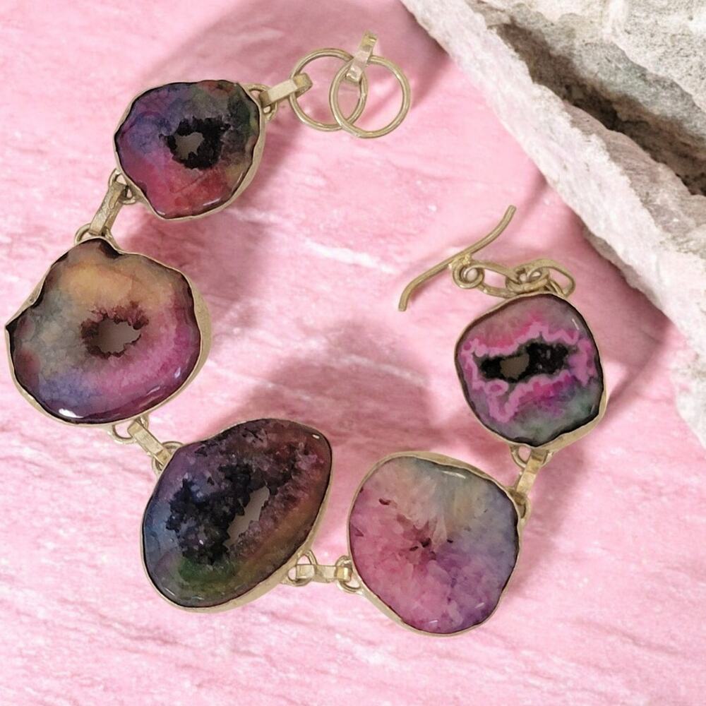 Rainbow Druzy Agate Bracelet, Sterling Silver 8" Adjustable Geode Slice Jewelry